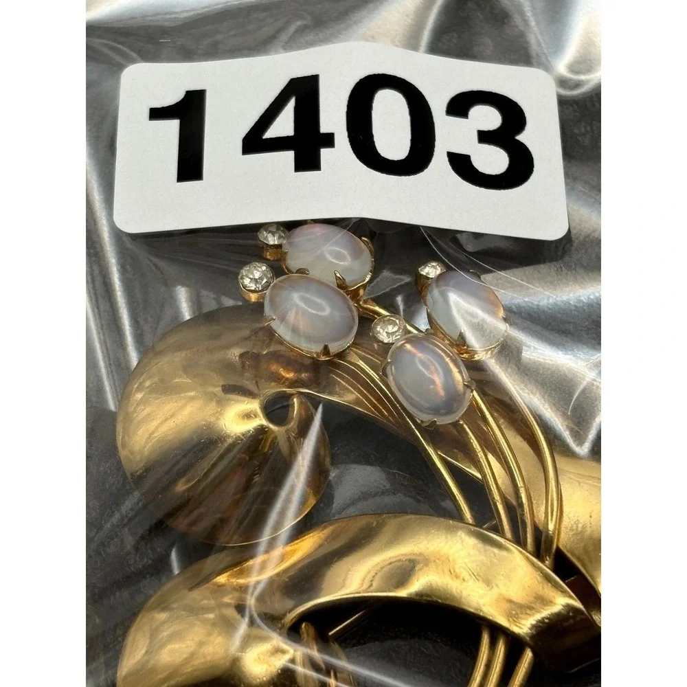 Vintage Coro Pegasus Faux Opal Glass Rhinestone Floral Brooch Modernist